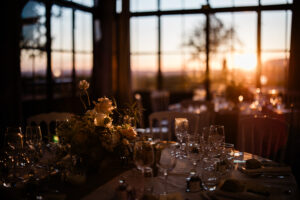 Luxury wedding flowers during golden hour