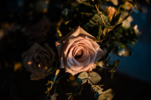 Luxury wedding flowers during golden hour