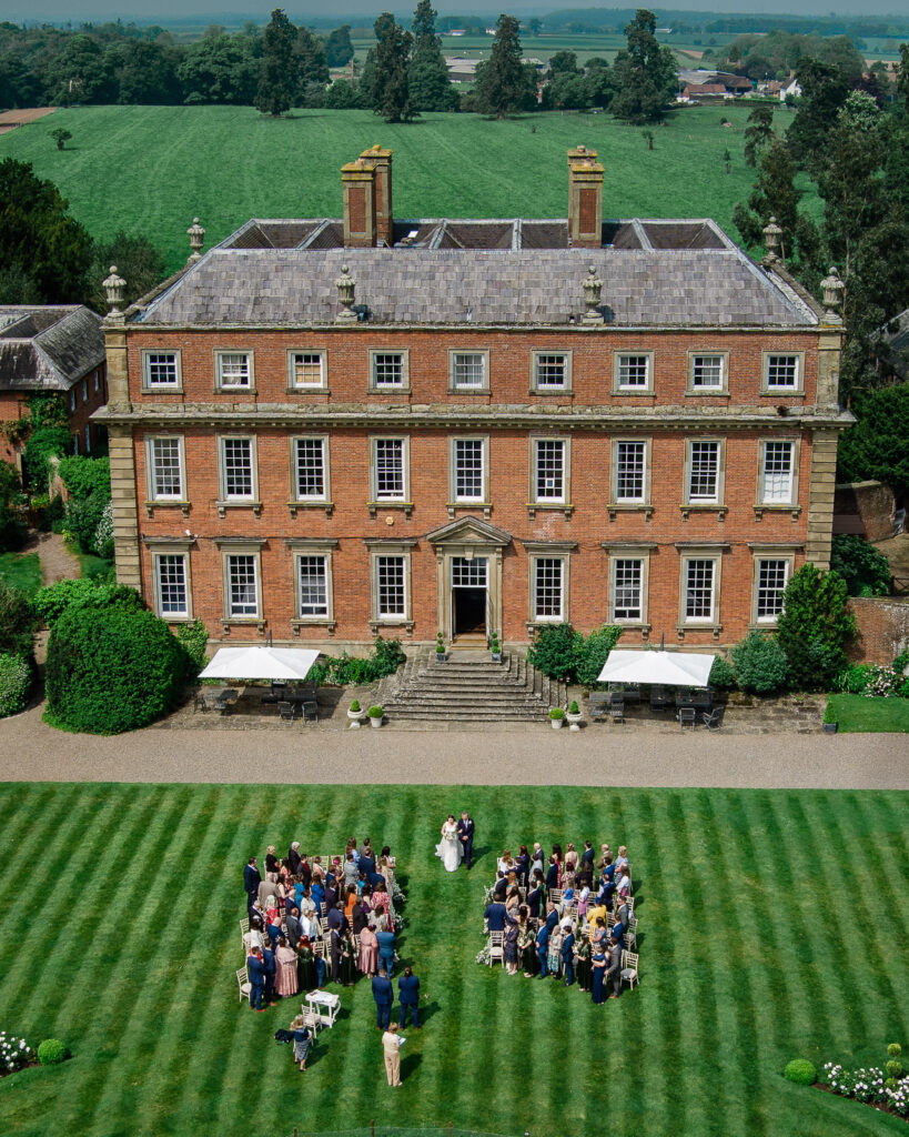 Drone photography of a luxury wedding venue, by a davenport house wedding photographer