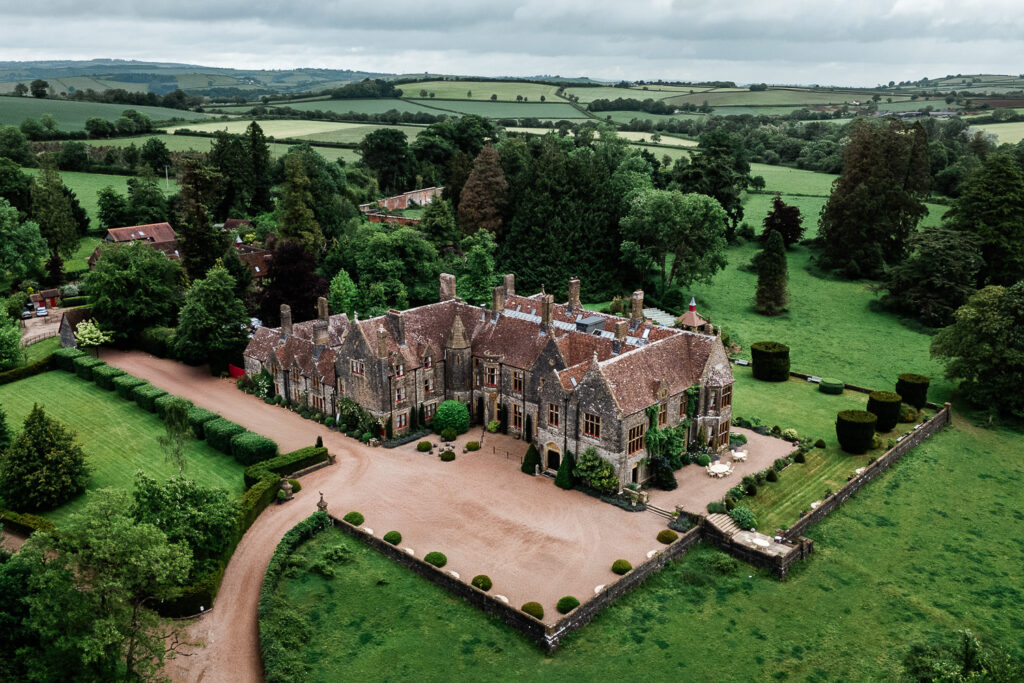 drone photography of huntsham court wedding venue