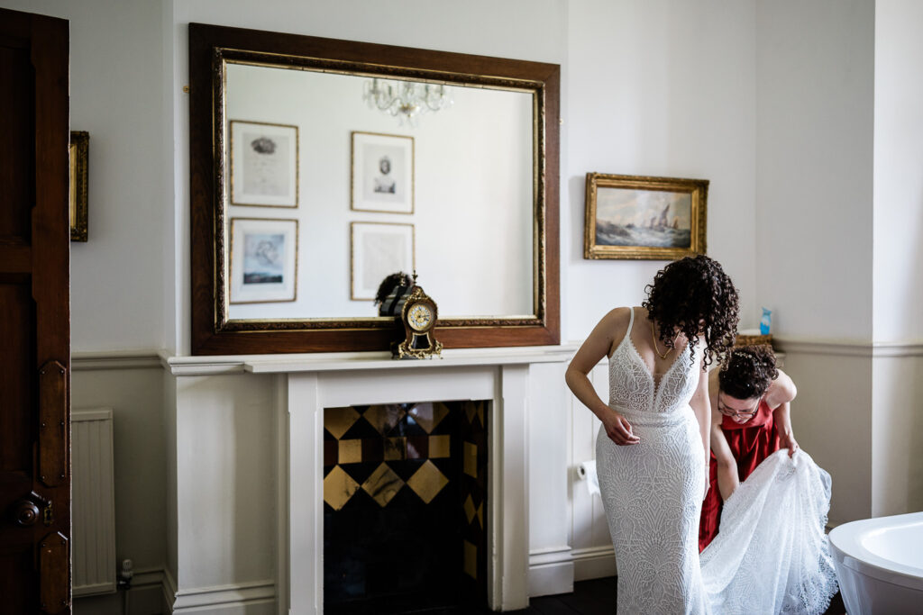 a bride prepares for her huntsham court wedding