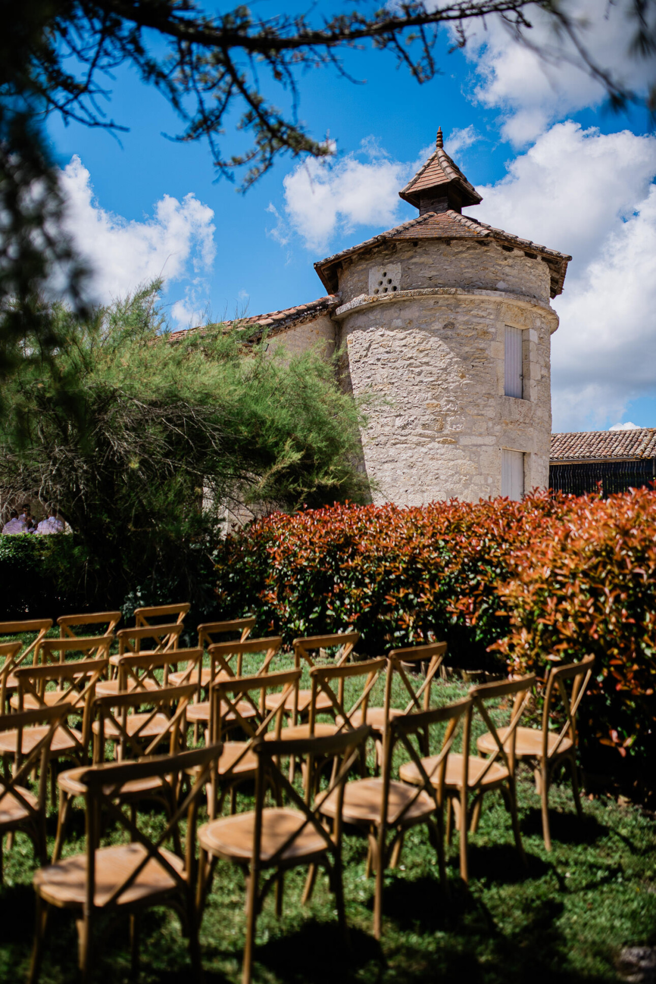 An outdoor ceremony setup for a destination wedding at a French Chateau wedding venue in Toulouse.