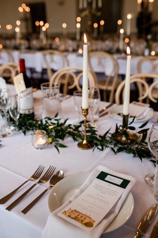 Bespoke table settings at south west wedding venue, Brympton House