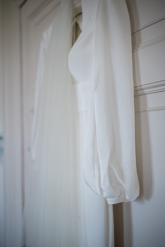 The wedding dress, during bridal preparations